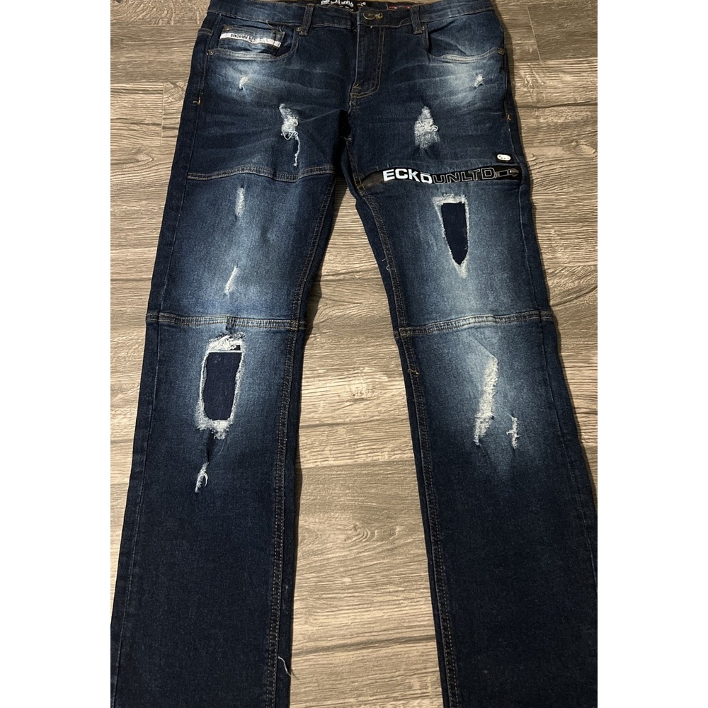 Ecko‎ Unltd Dark Wash Low Rise Men's Distressed Skinny Blue Jeans, Size 32x32 - Picture 4 of 12